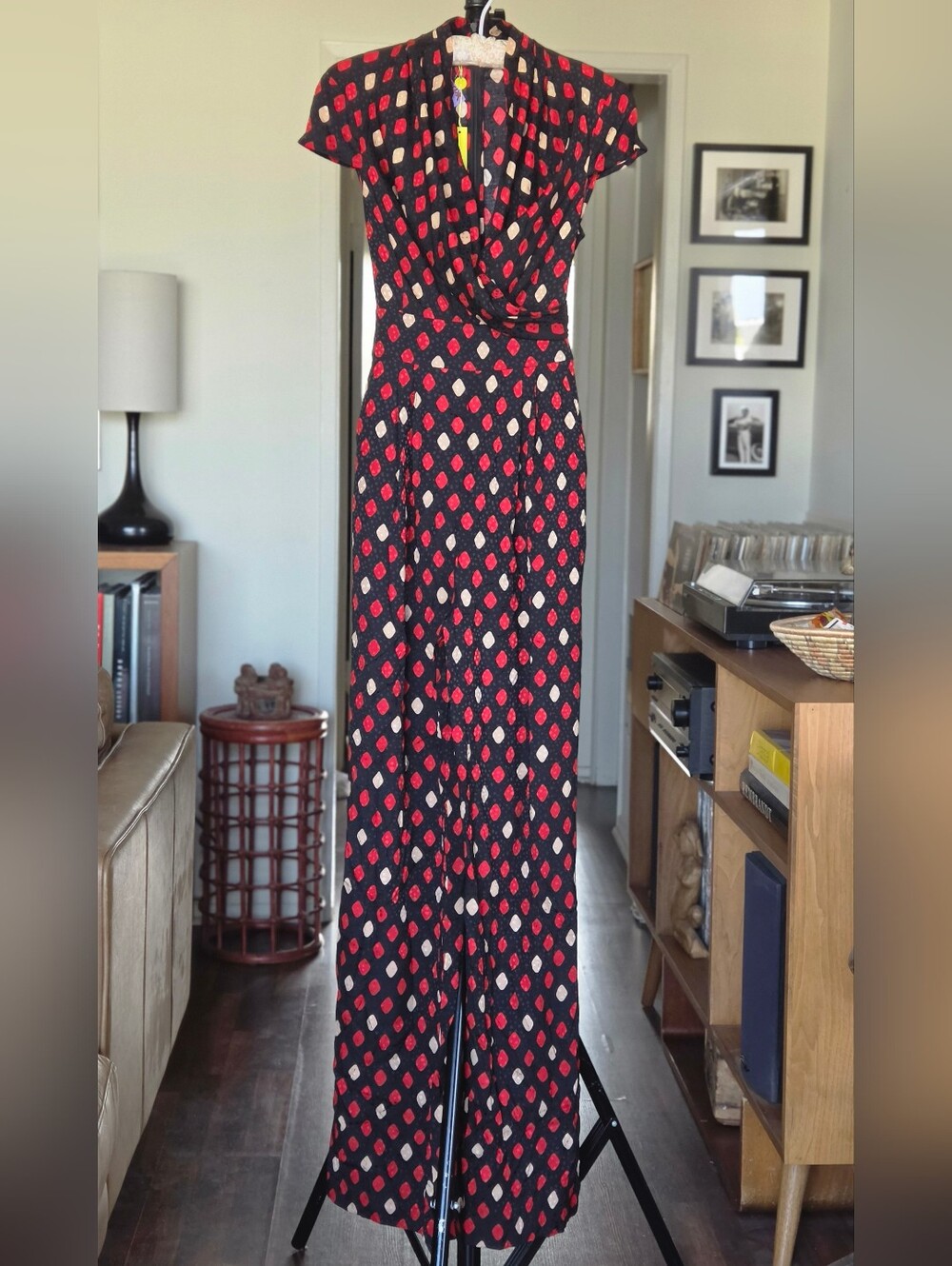 Catherine Malandrino Black Silk Jumpsuit with Red and Beige Diamond Print NWT